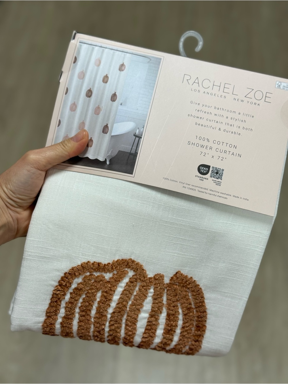 Rachel Zoe White Cotton Shower Curtain with Rust Embroidered Arches